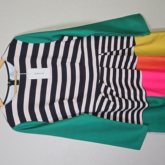 Oshoplive Colorblock Stripe Peplum Dress in Green, Pink, Orange & Yellow NwT. - Picture 2 of 8